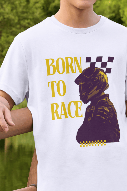 Born to Race Yellow Text Race Driver Artwork Round Neck T-Shirt UNISEX