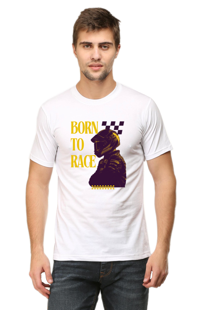 Born to Race Yellow Text Race Driver Artwork Round Neck T-Shirt UNISEX